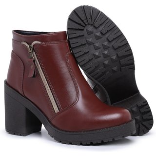 Bota Coturno Feminino Com Zíper Conhaque