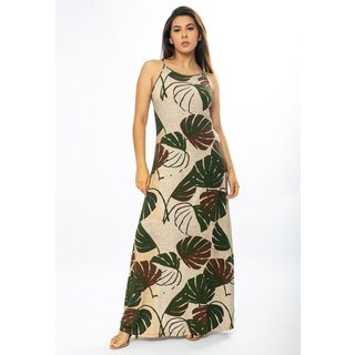 Vestido Longo Amazônia Vital Malha Trapézio Estampa Folhagem Verde e Marrom