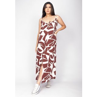 Vestido Longo Cabanafree Caçuá Viscose Alça Fina Estampa Raízes Marrom
