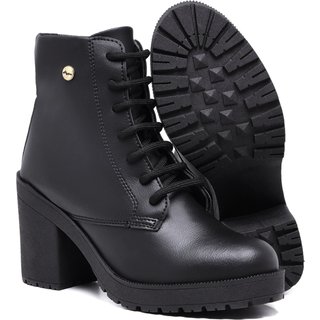 Bota Feminina Coturno Tratorado Salto Médio Grosso Zíper Preto