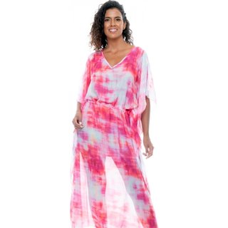 Saída Vestido Kaftan Longo Bata Crepe Semitransparente Estampado Mancha Rosa