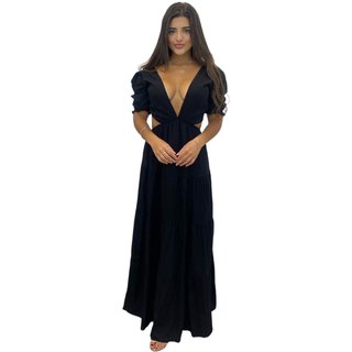 Vestido Decotado Manu Abertura Viscose Manga Curta Preto