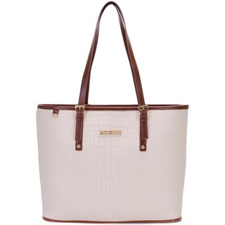Bolsa Feminina Moncci Grande Ombro Forrada Fivela Roma Croco Marfim