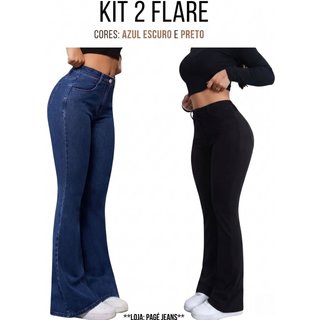 Kit 2 Calças Flare Estilo Gringa Niha Jeans Casual e Confortavel Azul Escuro e Preto