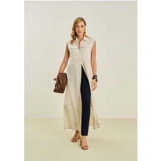 Vestido Maria Valentina Solto Gola Clássica Sem Manga Longo Bege