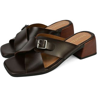 Sandália Feminina Tamanco Salto Bloco Donatella Shoes Saltinho Estilo Madeira Fivela Dourada Café