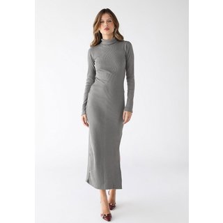 Vestido Longo Levosch Gola Alta Fenda Lateral Ribana Premium Cinza