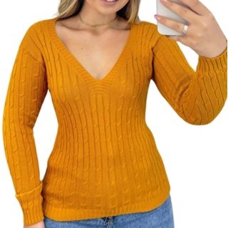 Blusa Suéter Industrie Feminino de Tricô Mostarda Manga Longa