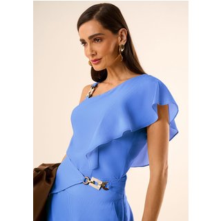 Blusa Maria Valentina Solta Um Ombro Só Manga Curta Padrão Azul