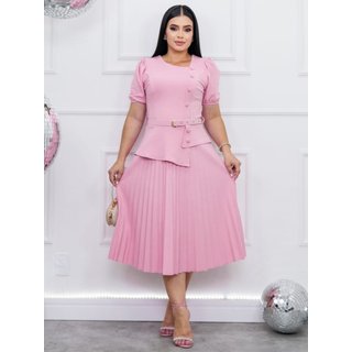 Vestido Midi Soltinho Rodado Moda Evangélica Decote Quadrado com Cinto de Festa Rosa