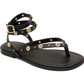 Rasteira Feminina Tiras Aplique Tachas Douradas Confortável Verão Flor da Pele 304 Preto