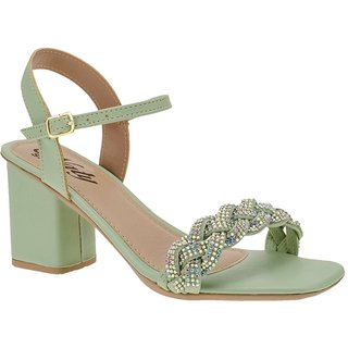Salto Alto 7,5 cm Social Verde Menta Sandália Casual Naty Shoes Tira Strass Brilhante Salto Quadrado