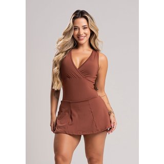 Macaquinho MVB Modas Vestido Curto Short Saia Estampado Marrom
