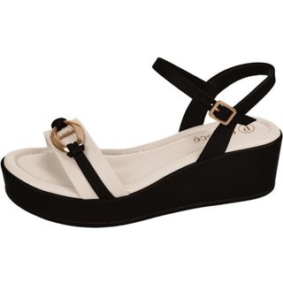 Sandália Feminina Flatform Preta Fivela Anabela Fivela Santa Rosa