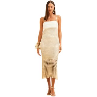 Vestido Forum Detalhe Croche Offwhite com fios Dourados e Linho