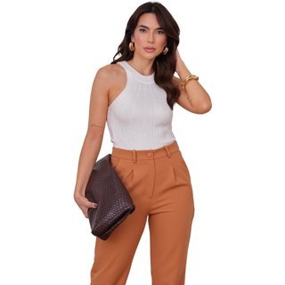 Blusa MOS Regata Feminina em Tricot Modal com Gola Alta Off White Branco