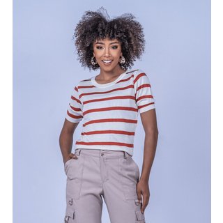 Blusa Cherry Line Manga Curta Listrada Tricô Gola Redonda Off e Laranja