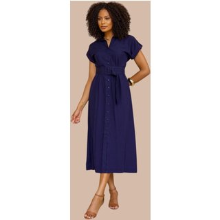 Chemise Midi Ícone Fashion Manga Curta com cinto Azul Marinho