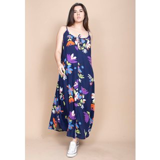 Vestido Longo Cabanafree Caçuá Viscose Alça Fina Estampa Festa das Flores Azul