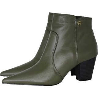 Bota Feminina Bico Fino Cano Curto Couro Salto 6 CM Verde Spinelli