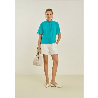 Blusa Maria Valentina Solta Gola Alta Manga 3 Quartos Padrão Azul