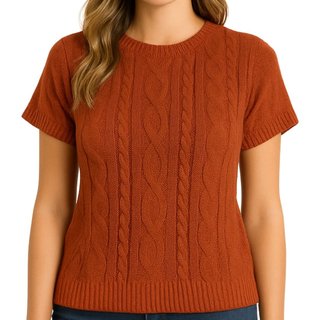 Blusa FMF Feminina Tricô Manga Curta Canelada Trama Trançada Marrom