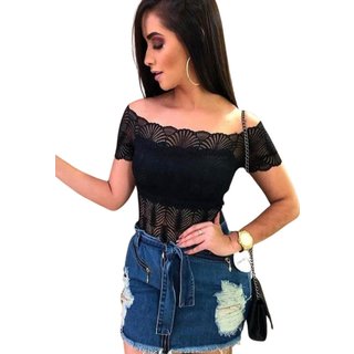 Body Summer Body Blusinha Renda Ciganinha Caída No Ombro Barato Preto