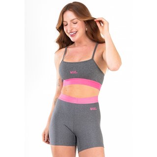 Conjunto Academia Top e Short Cintura Alta Fitness Pink Urban Neon Feminino - Cinza C/ Rosa