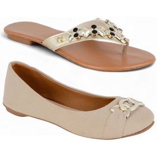 Kit Sapatilha Bico Redondo Feminina e Rasteirinha Casual Mr Try Shoes Macia Confortável Bege