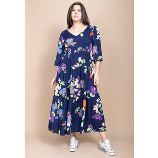 Vestido Longo Cabanafree Plano com Manga e Camadas Estampa Festa das Flores Azul