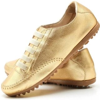 Sapatênis Feminino Confort De Couro Dourado