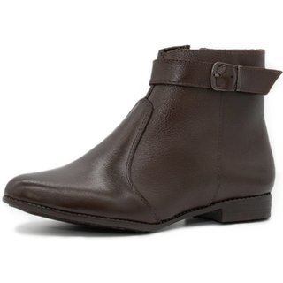 Bota Cano Curto Feminina em Couro Café Fivela Kuento Shoes