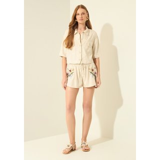 Camisa Cropped De Mangas Curtas Com Bordado Em Sarja E Linho