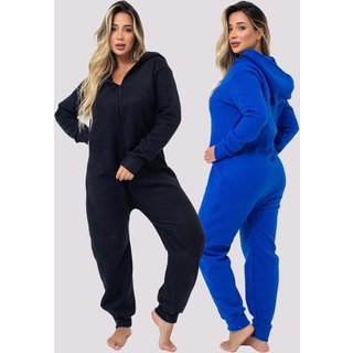 Kit 2 Pijamas Soft Feminino Adulto Mulheres Confortável Quentinho Conjunto Plush Roupa Inverno 4 Estações Preto e Azul Royal