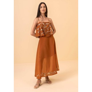Saia De Cintura Alta Chá Com Transparência E Paetês Bordados