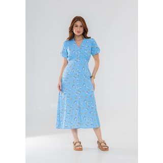 Vestido Aura Midi Celina Viscose Floral Azul