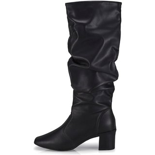 Bota Feminina Over Enrugada Cano Longo com Ziper Bico Quadrado Salto Baixo Grosso Confortável 453 Preto