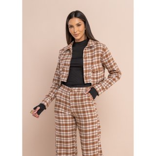 Casaco Cropped Sawary Fashion Xadrez Caramelo