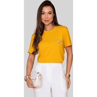 Blusa Miss e Misses Tamires Manga Curta C/Detalhe Metal Mostarda