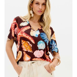 Blusa Lança Perfume Decote V Estampada Ve26 Marrom Feminino