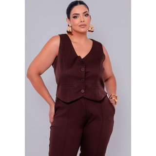 Colete Plus Size em Alfaiataria com Recortes Marrom