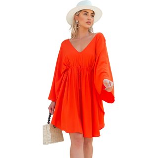 Vestido de Verão Barbará Curto manga Morcego Amarração Verde Laranja