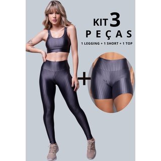 Combo WLS Modas Kit 3 Peças Fitness Feminino Conjunto Academia com Legging, Short e Top Bojo Removivel em New Zig Brilhoso Cinza
