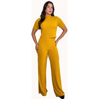 CONJUNTO FEMININO CALÇA E BLUSA MANGA CURTA Mostarde