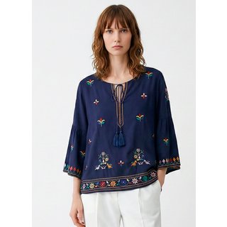 Blusa Marinho em Viscose Manga 3/4 Sob Bordada Colorida Azul