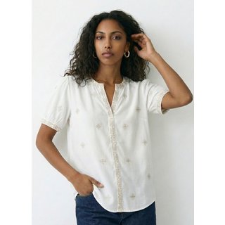 Blusa Branca Bordada Bege Claro Manga Curta em Viscose Sob Branco