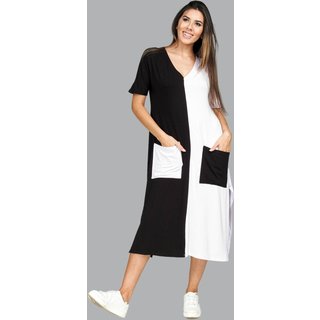 Vestido Midi Reto Malha com Bolso na Frente Amazonia Vital Branco e Preto