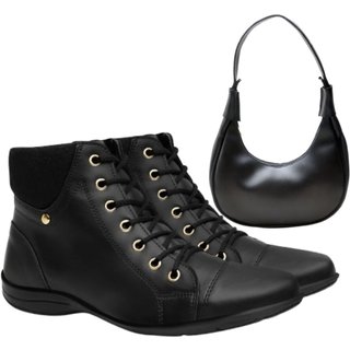 Kit Bota Feminina Cano Curto Anna Andrade Botinha Rasteira Amarrar Casual E Bolsa Ombro Preto