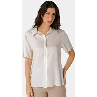 Camisa de Linho com Viscose Manga Curta Bege Sob