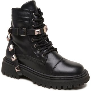 Coturno Feminino Em Couro Legítimo Zaya Rocker Salto Plataforma Spike Zíper Lateral e Cadarço Lindo Detalhes Brilhantes
